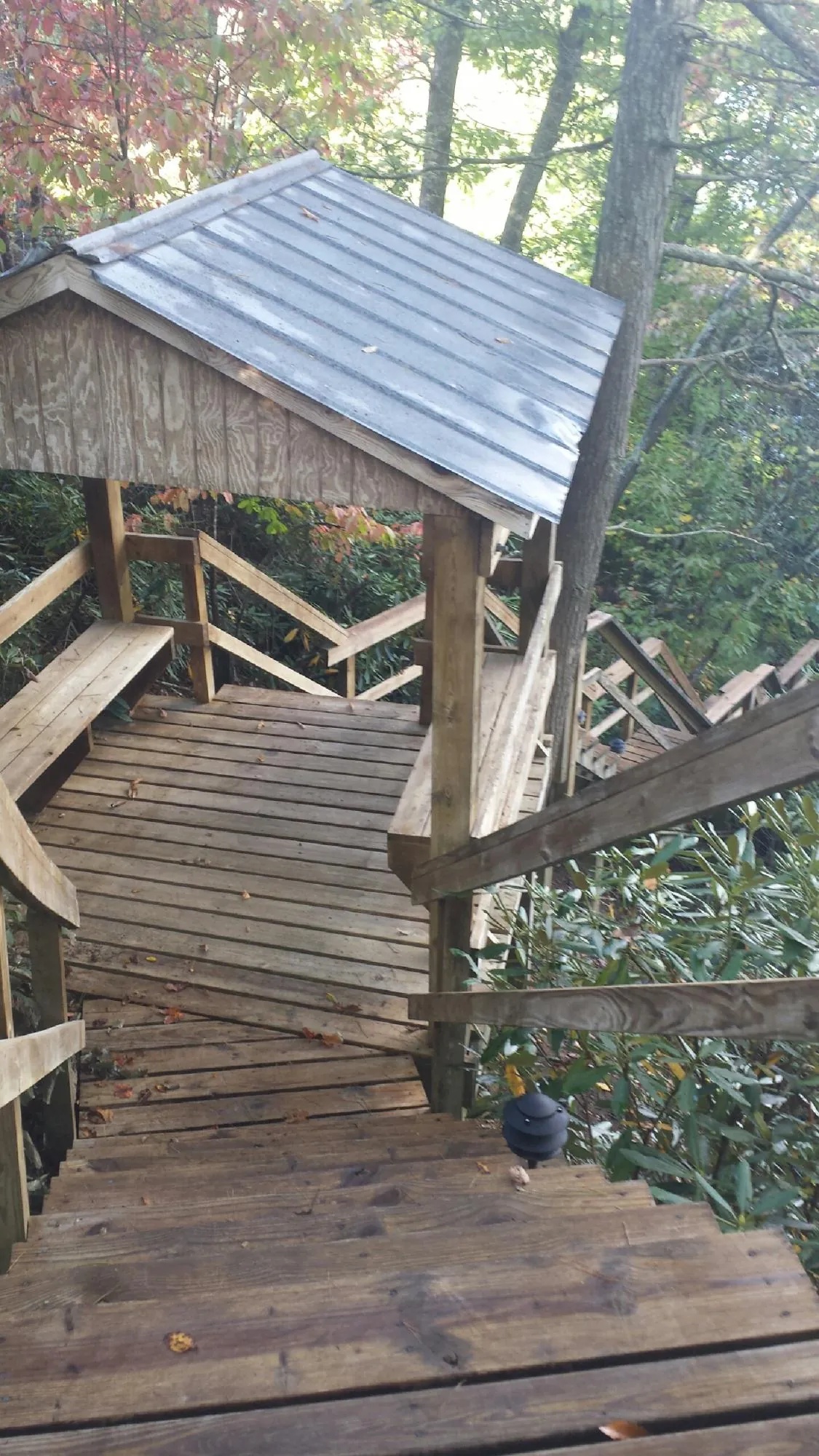 Metal roofed shelter over wooden steps on a wooded walkway — Skylight Repair & Installation work by our crew in Clarkrange